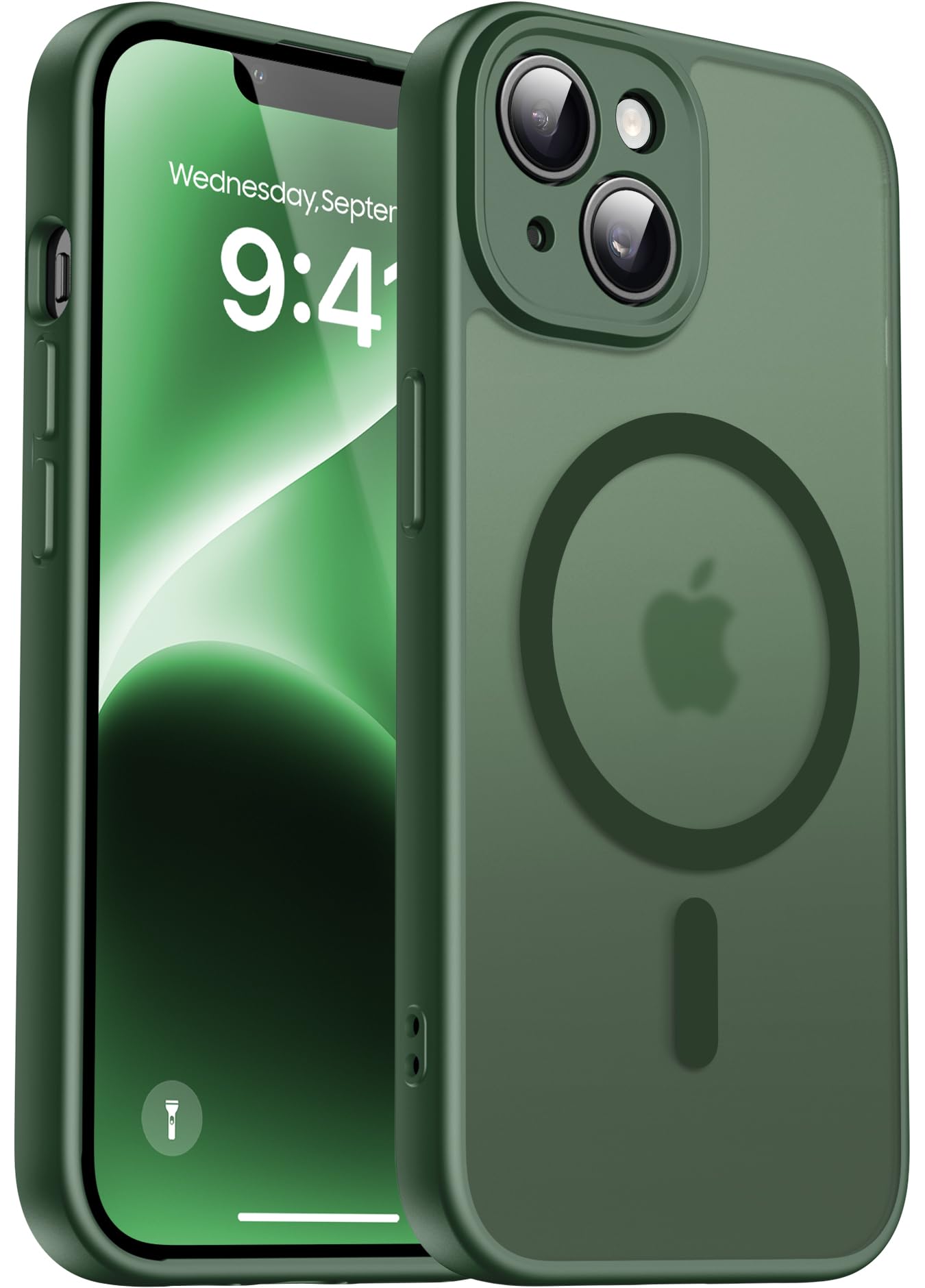 Natiiozie Magnetisch Kompatibel mit iPhone 14 Hülle Kompatibel mit MagSafe, Kameraschutz FallSchutz Handyhülle, Stoßfest Kratzfest Schutzhülle Transluzente Matt Rückseite 6.1 Zoll Case Dunkelgrün