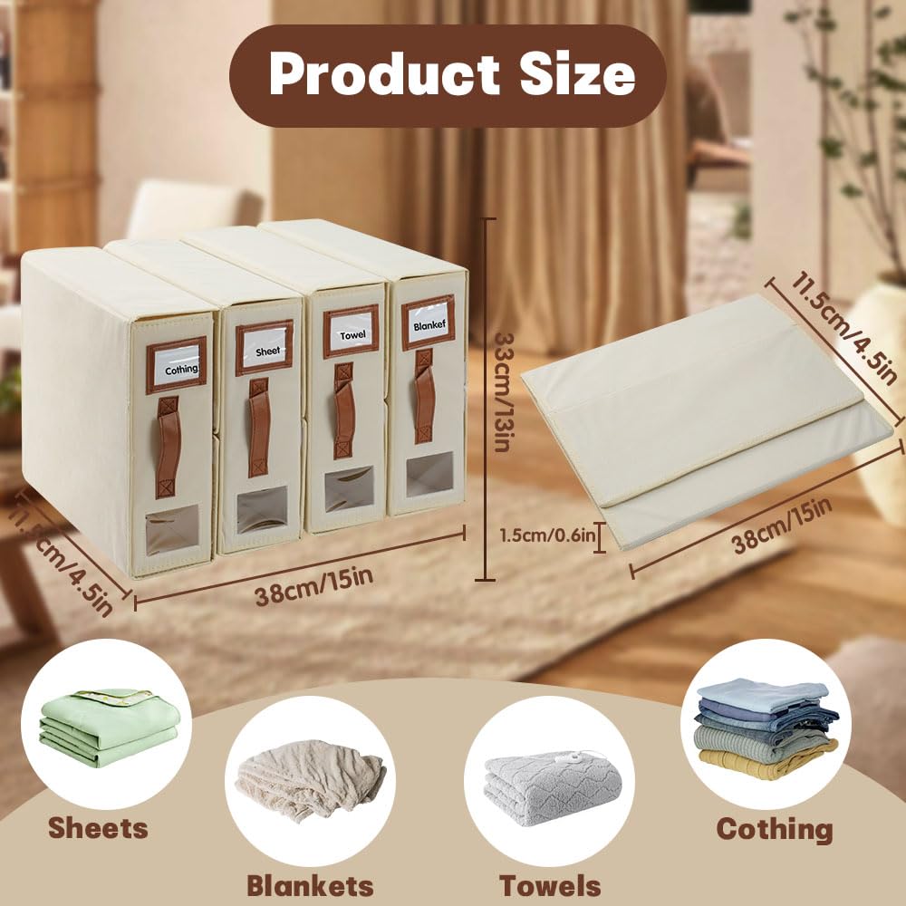 4 Bettwäsche Organizer Bettwäsche Aufbewahrung, Faltbare Aufbewahrung Bettwäsche mit Griff Etiketten und Fenster, Bettwäsche Aufbewahrungsbox Für Laken Bettdecken Handtücher Decken (Weiß) | Faltbare Bettwäsche Aufbewahrungsbox mit Ledergriff Etiketten und