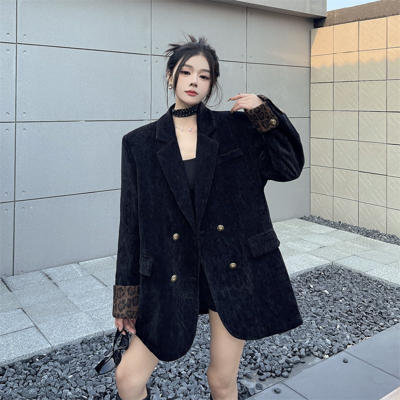 Women's Retro Sister Style High End Sunil Suit Jacket with Leopard Print Korean Loose top Patchwork2