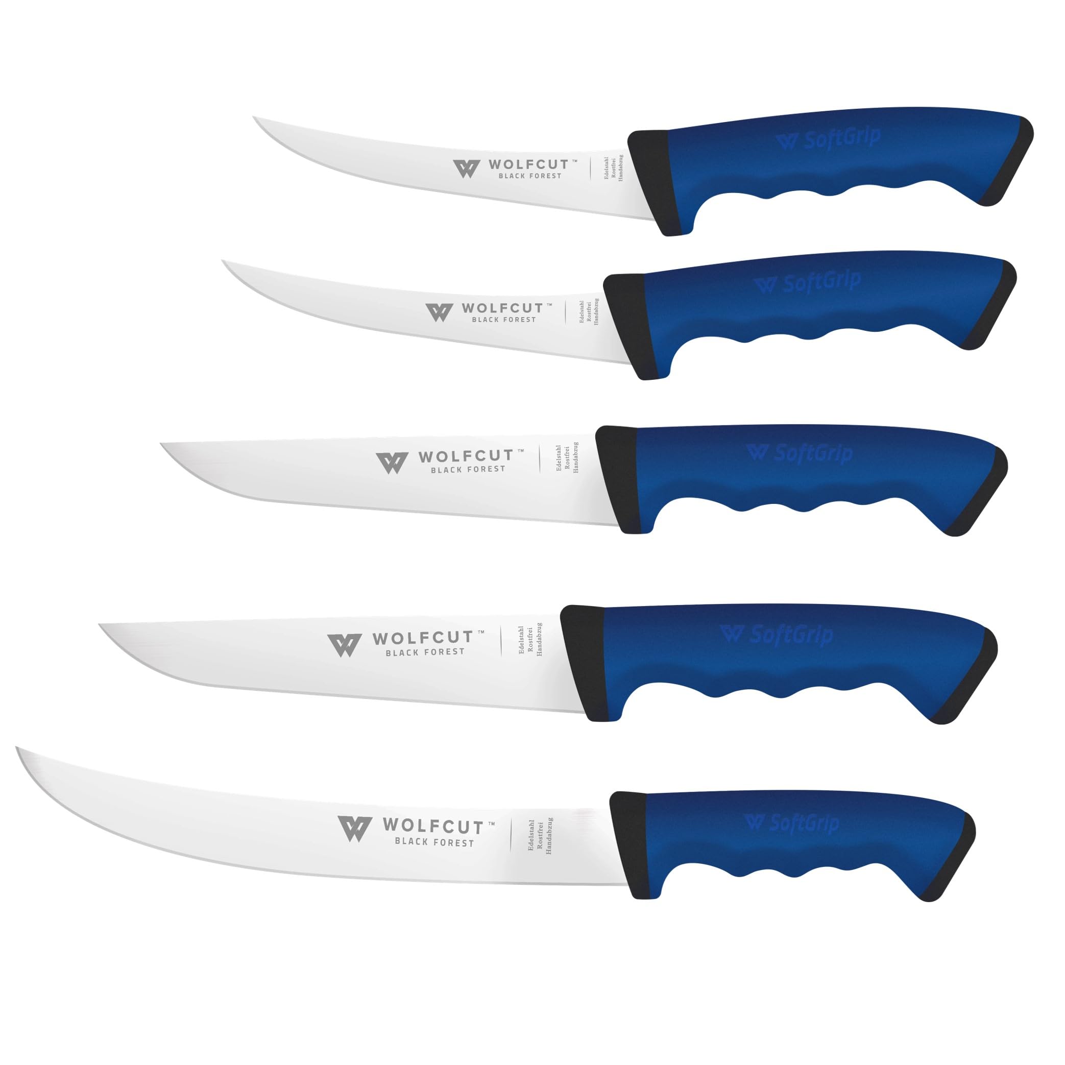 Wolfcut SoftGrip seria BLUE – 5-częściowy zestaw noży rzeźniczych – nóż do filetowania 13 i 15 cm, nóż do wykrawania, nóż do krojenia