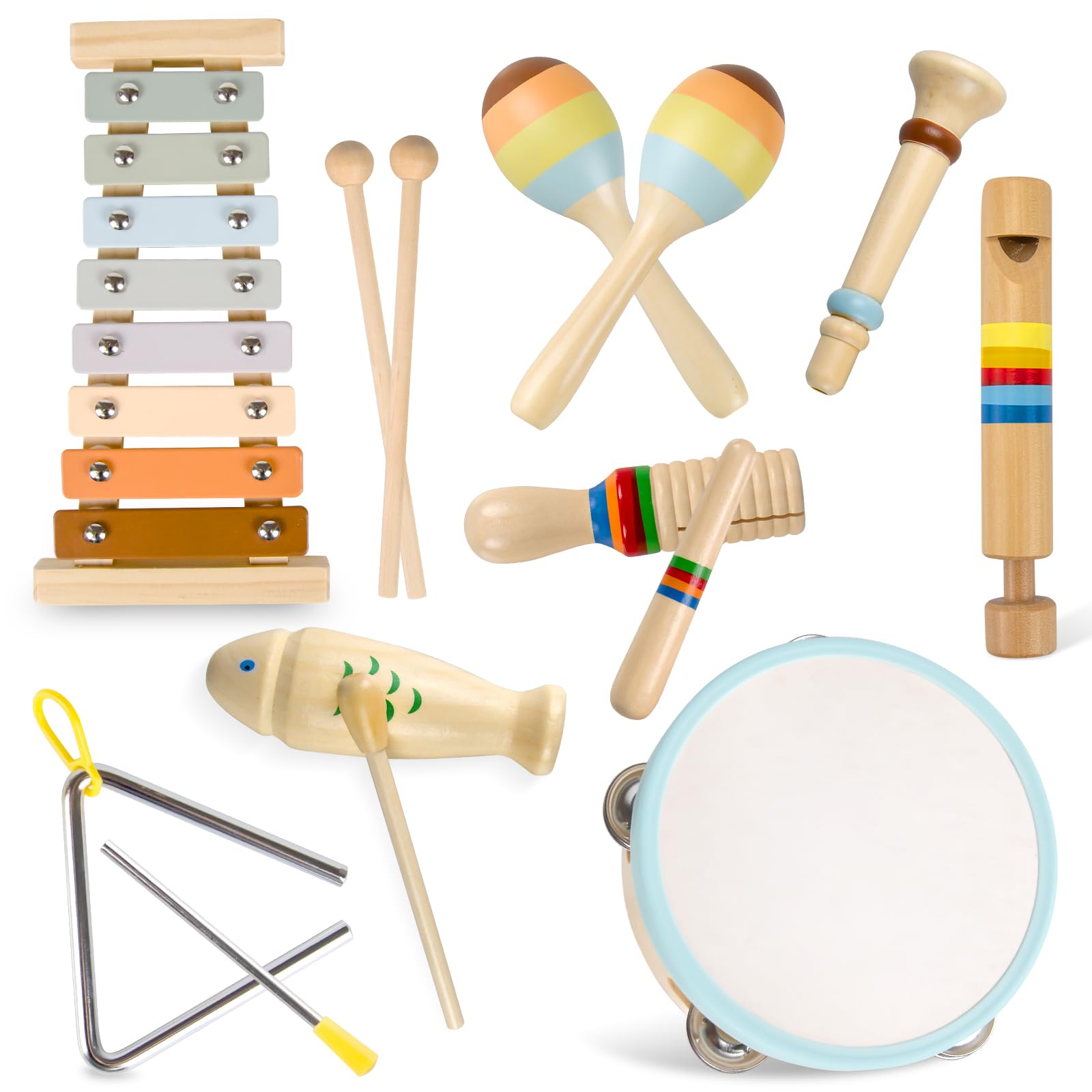 Baby Musical Instruments-Montessori Wooden Toys for Toddlers 1-3 Neutral Colors Percussion Instruments Set with Modern Boho Xylophone for