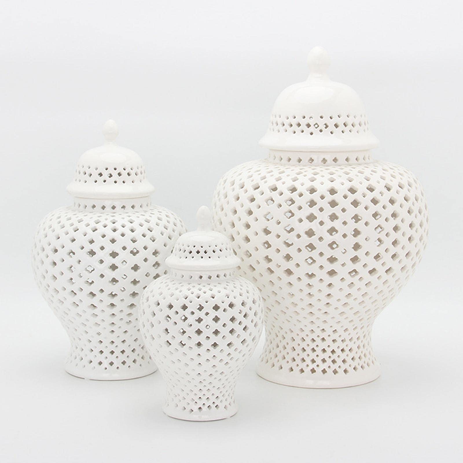 Light Luxury Ceramic Ginger Jar Display Lattice Hollow Vase Temple Jar Storage Jars Handicraft Ornaments for Desktop Office Gift Decoration, White