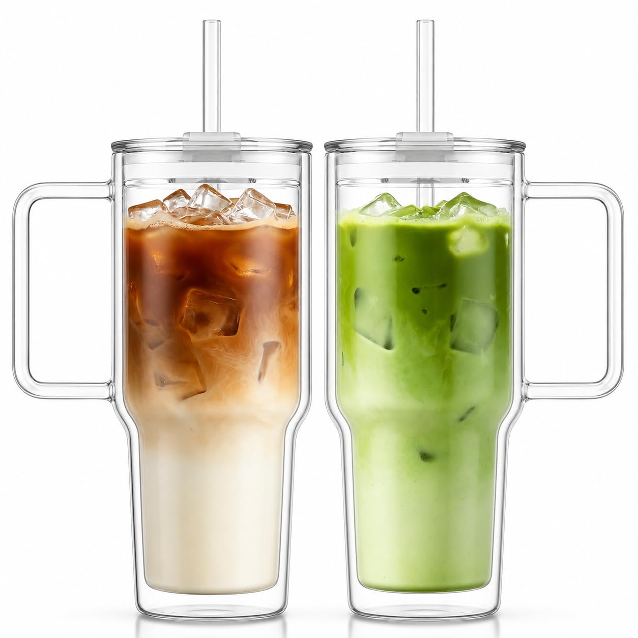 KEMORELA 2er Set Kaffeegläser mit Griff, Deckel & Glasstrohhalm, 830 ml Doppelwandige Latte Macchiato Gläser, Eiskaffee Glas, Matcha Glas, Teegläser für heiße & kalte Getränke