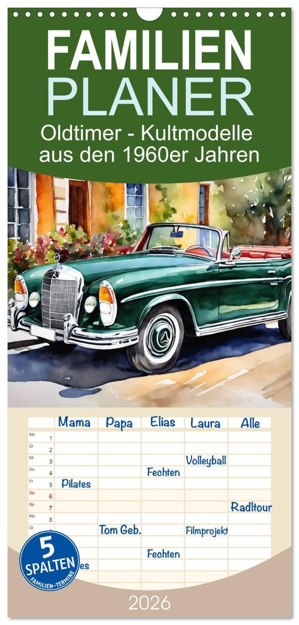Familienplaner 2026 - Oldtimer - Kultmodelle aus den 1960er Jahren mit 5 Spalten (Wandkalender, 21 cm x 45 cm), CALVENDO: Elegante von der KI ... verschiedener Modelle (CALVENDO Mobilitaet)