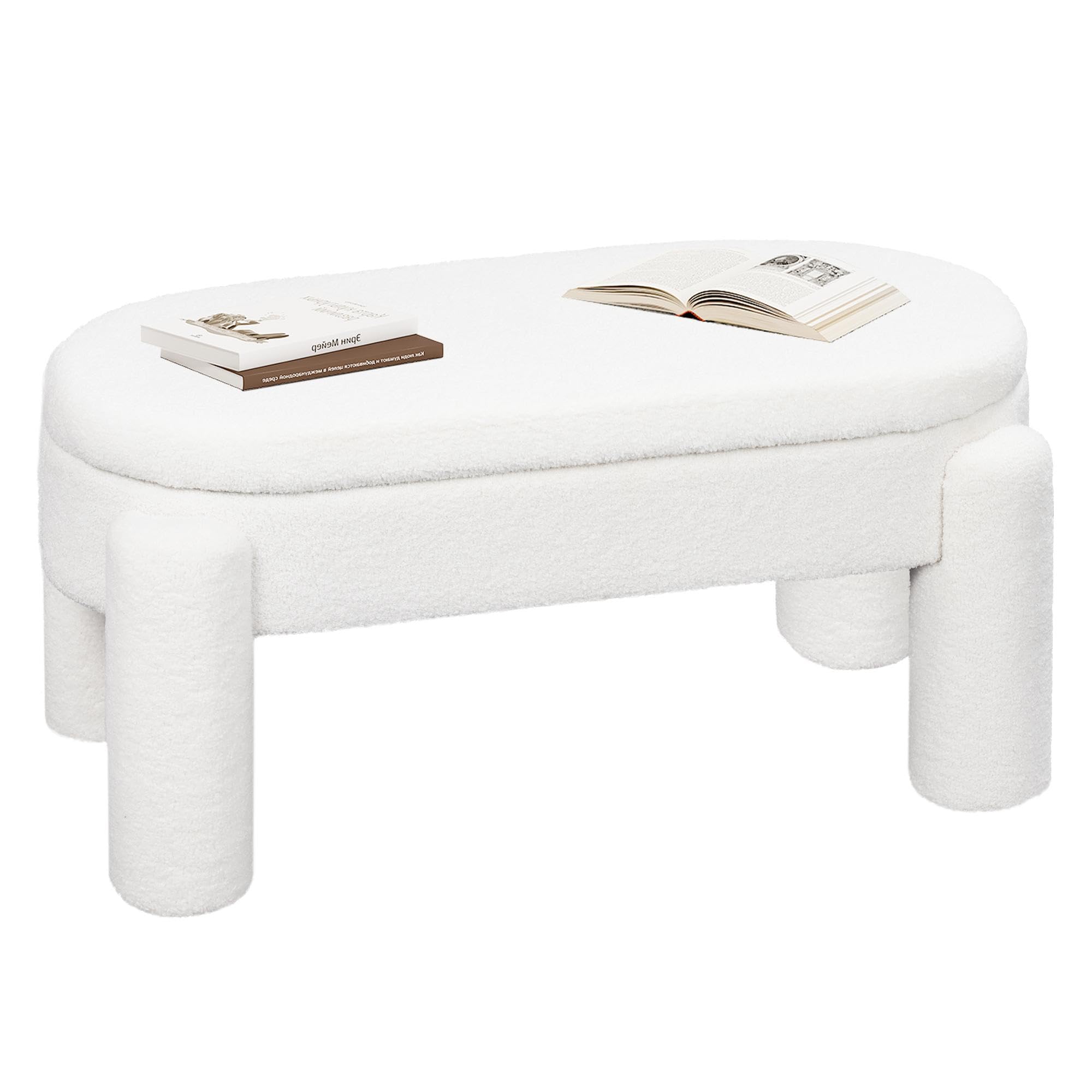 eSituro Banco Almacenamiento de 114 cm, Banquetas Dormitorio de Tela Polar Teddy, Baul Almacenaje, Banco para Cama Salón Entrada Recibidor, Moderno, Blanco