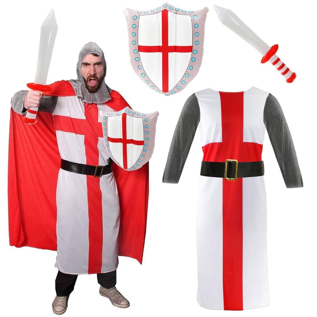 Adults England Knight Costume - Medium - Includes English Flag Tunic Red Cape Chain Mail Headpiece and Inflatable Sword & Shield Set - Patriotic Fancy Dress for Football Rugby and St George's Day