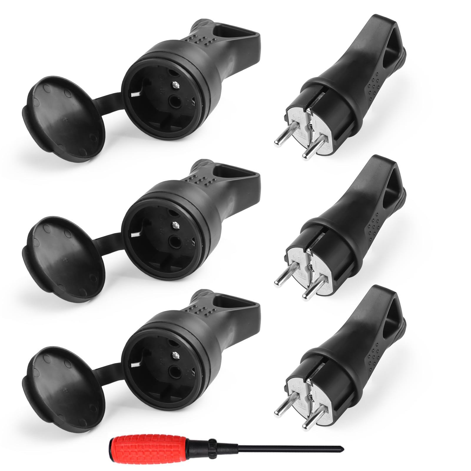 3 spine Schuko in gomma, set di spine di sicurezza in gomma con protezione antipiega per cavi da 0,5 a 3 cm², IP44, 250 V, 16 A, 4000 W