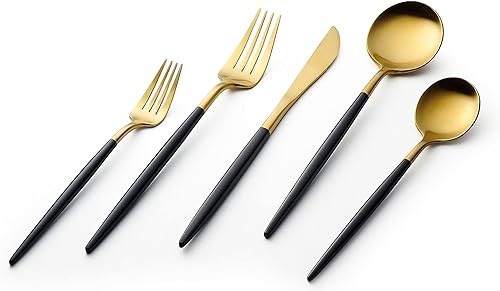 Vikko Decor Modern - Juego de cubiertos negros y dorados, acero inoxidable 1810, elegantes cubiertos de mango largo, cubiertos de dos tonos para