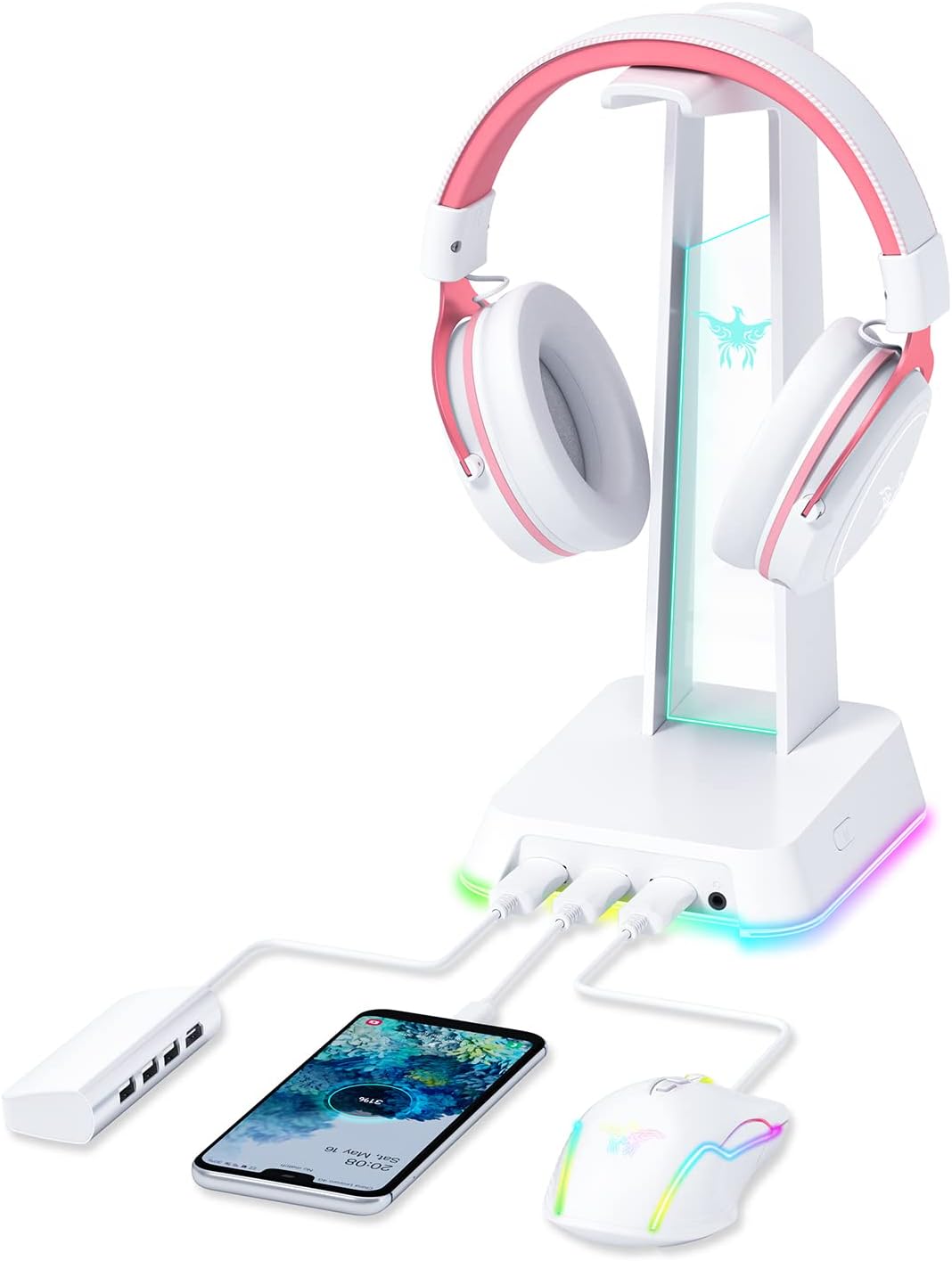 PHNIXGAM RGB Headphone Stand with 3.5mm AUX and 3 Port USB 2.0 Hub, Universal Gaming Headset Hanger Holder for Computer Gaming Gamer Accessories (White)
