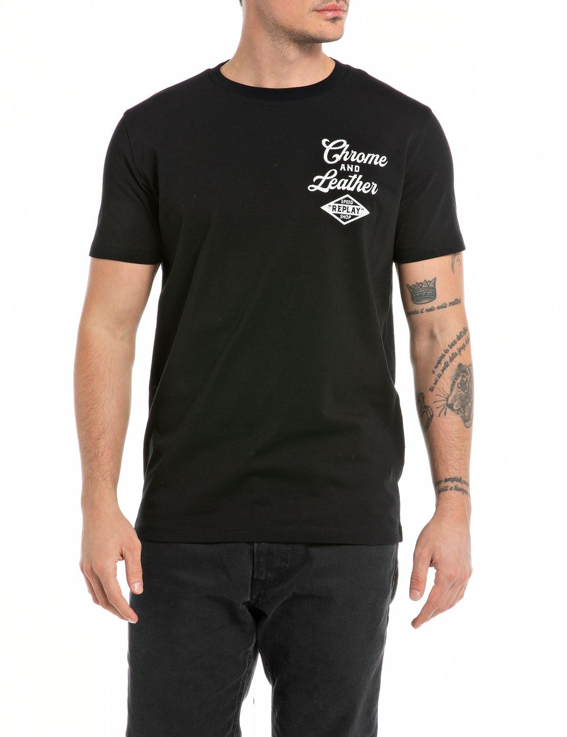 Replay Men's Black 098 T-Shirt Short Sleeve Round Neck Chrome And Leather, (Black), L