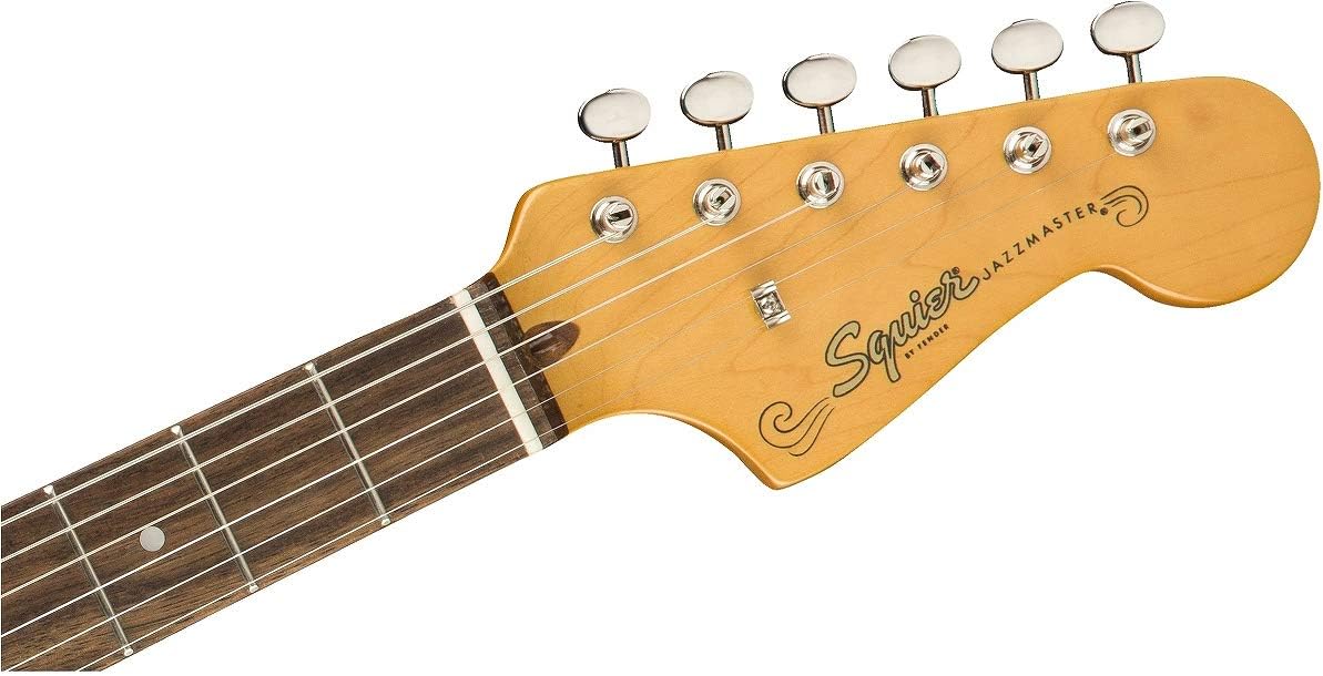 Cabeça do braço do baixo Fender Classic Vibe '60s Jazzmaster branco destro, madeira clara, com marca Squier e logo Jazzmaster.