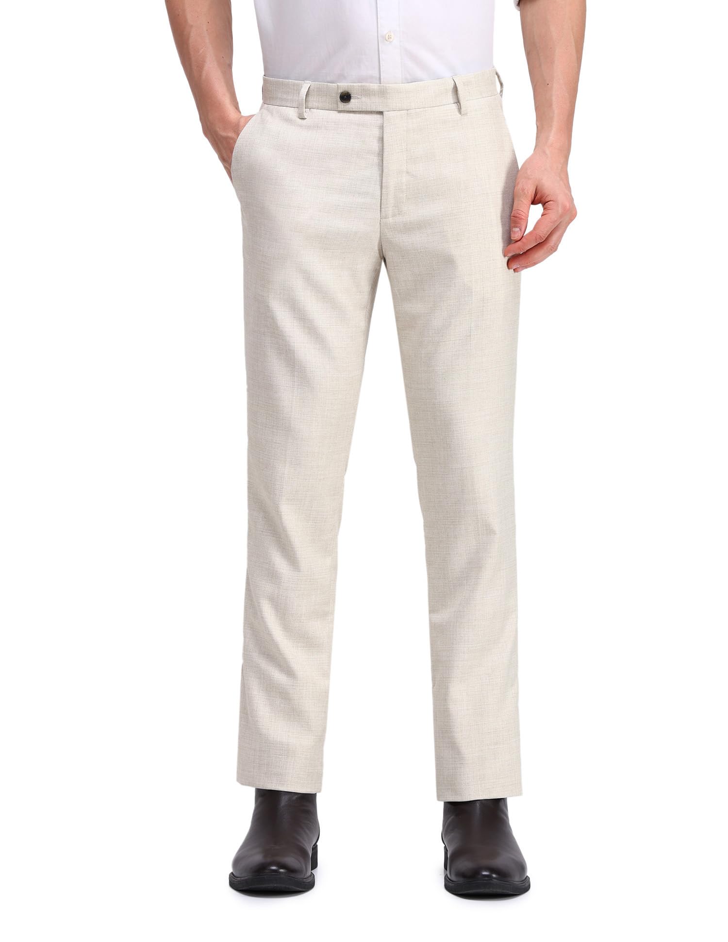 arrow Men's Beige Self-Design Mid Rise Polyester Button Tapered Fit Flat Front Slant Pocket Trousers-picture-55