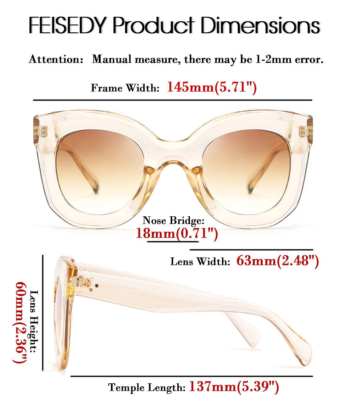 FEISEDY Retro Oversized Square Horn Sunglasses Semi Cat Eye Butterfly Glass Big Thick Bold Frame B2572