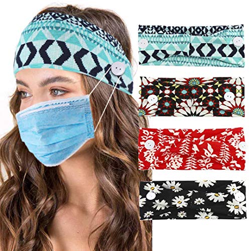 ELABEST Button Headband Yoga Headbands with Buttons 4Pack Sport Hair Band Flower Vintage Head Wrap Elastic Bandeau Bohemian Hair Accessories Beach Head Band for Women