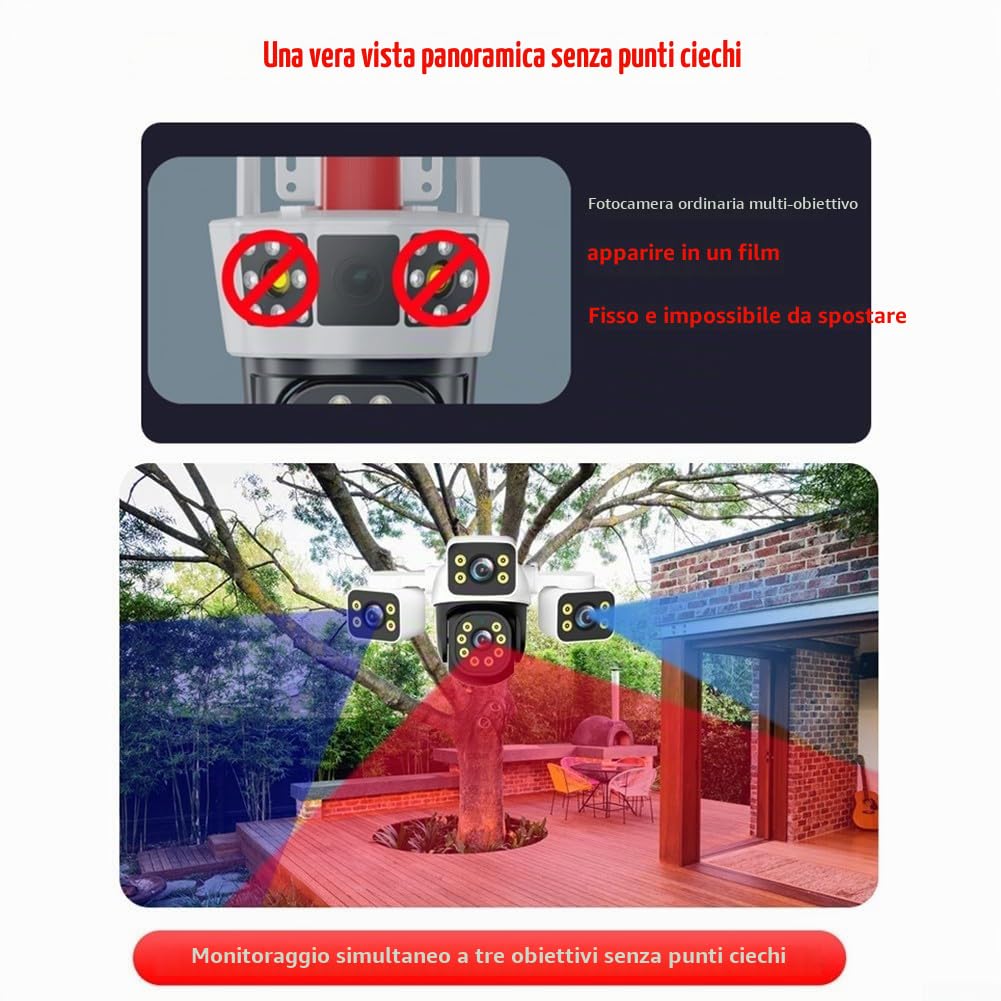 Whychstore Telecamera di sicurezza 4K HD WiFi, telecamera di sicurezza per esterni, tre obiettivi, 10 MP, telecamere domestiche professionali, visione notturna a colori, impermeabile (UK200)