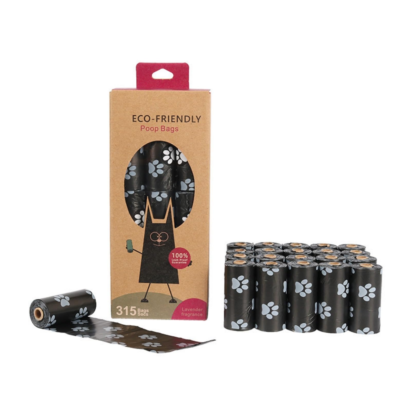 NAERSI® Biodegradable Thicker Dog Poop Bags 21 Rolls/315 Bag Dog Waste Bags Thick Strong Made from Corn Starch Plants Based 6 Color DS21# (Black footprints)