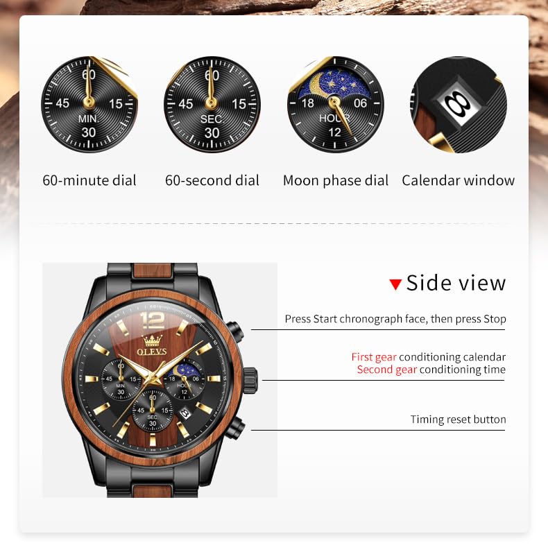 Image of OLEVS Chronograph Watches for Men Original Analog Quartz Gold Silver Stainless Steel Metal Strap Blue Luxury Moon Phase Date Waterproof Branded Men's Wrist Watch