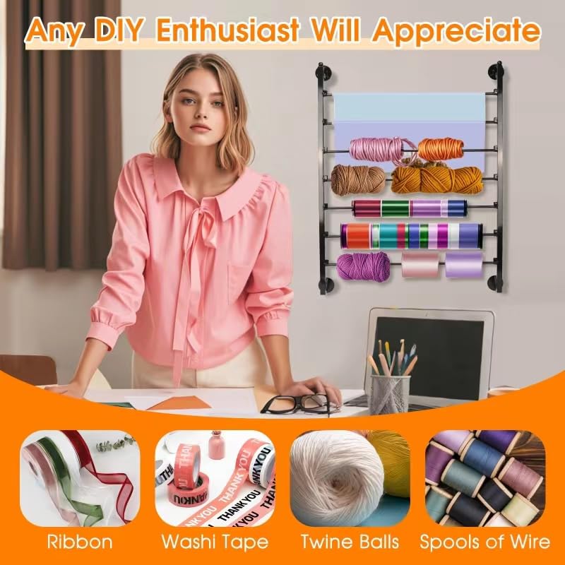 Image of 7 Tier Ribbon Storage Organizer, Wall Mounted Ribbon Organizer, Wrapping Paper Rack, Metal Ribbon Storage Craft Room Cake Shop Flower Store Scarf Belt-Black