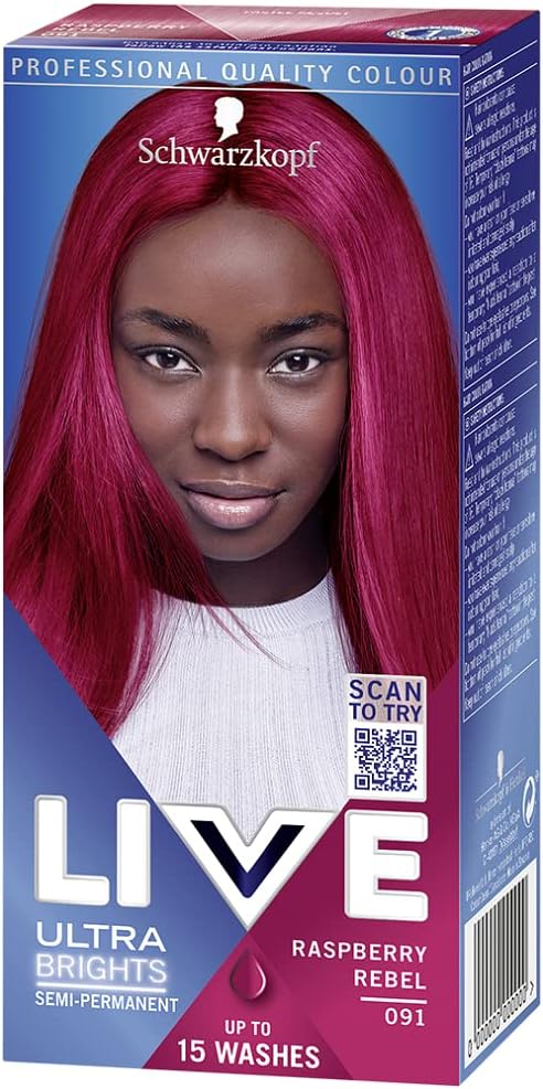 Schwarzkopf LIVE Ultra Brights Or Pastels, Vibrant Semi-permanent Pink Hair Dye, Lasts Up to 15 Washes- Raspberry Rebel 091