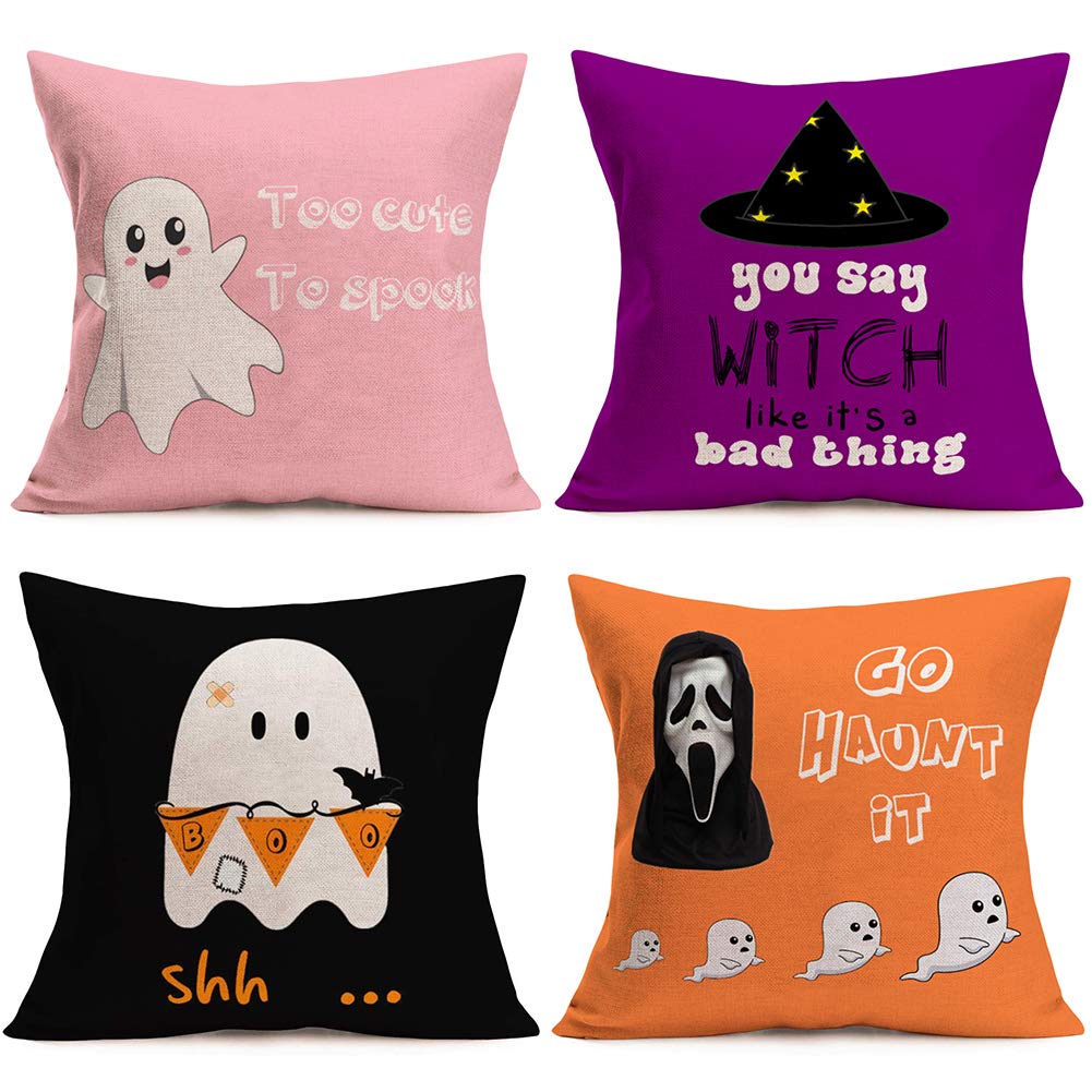 ShareJ Set of 4 Cartoon Ghost Pillow Covers Too Cute To Spook Shh Go Haunt It You Say Witch Like It's Bad Thing Happy Halloween Cotton Linen Pillow Cases Home Decor 18"×18" Pillowcases (Cartoon Ghost)