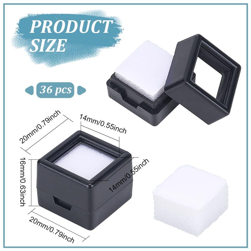 BENECREAT 36 Pack Gemstone Display Box Acrylic Diamond Display Case Black Jewelry Box with Clear Lids, White Sponge 0.8x0.6 for Treat, Gems, Diamond, Gift Packing
