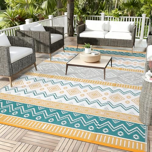 MilleLoom Boho 10x20 Waterproof Outdoor Rug Reversible Plastic Straw Mat Tribal Geometric Washable RV Camping Carpet Foldable UV Resistant Deck Rug for Picnic Backyard Balcony Porch Patio Yellow