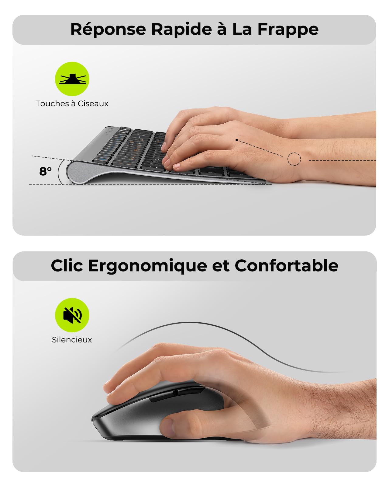 seenda COE401 Clavier Souris sans Fil Bluetooth AZERTY, Noir Gris | Connexion Multi-Appareils, Rechargeable, Ultra-Fin, Silencieux, Souris 4 Niveaux DPI, Compatible Windows/Mac/iPad/Android