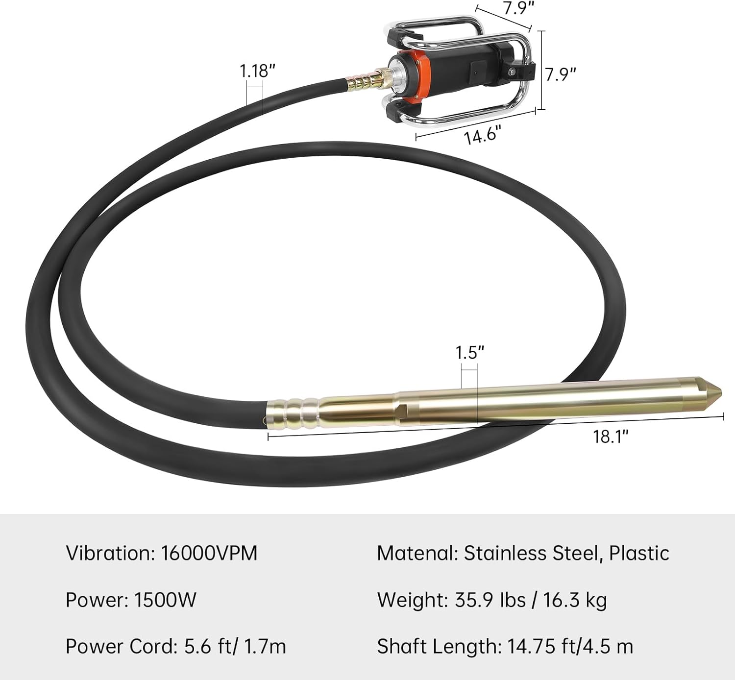 Electric Concrete Vibrators 16000RPM 1500W Concrete Vibrators Copper Motor 14.75FT/4.5M Steel Vibrating Rod Eliminate Air Pockets, Black