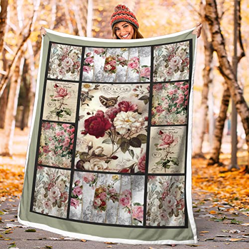 Soulzzz Red Floral Throw Blankets- Soft Cozy Farmhouse Pink Rose With Green Leaf Sherpa Blanket Lightweight Natural Botanical Pattern Flowers Blanket For Women Girls 50X60 Inches #TOP1
