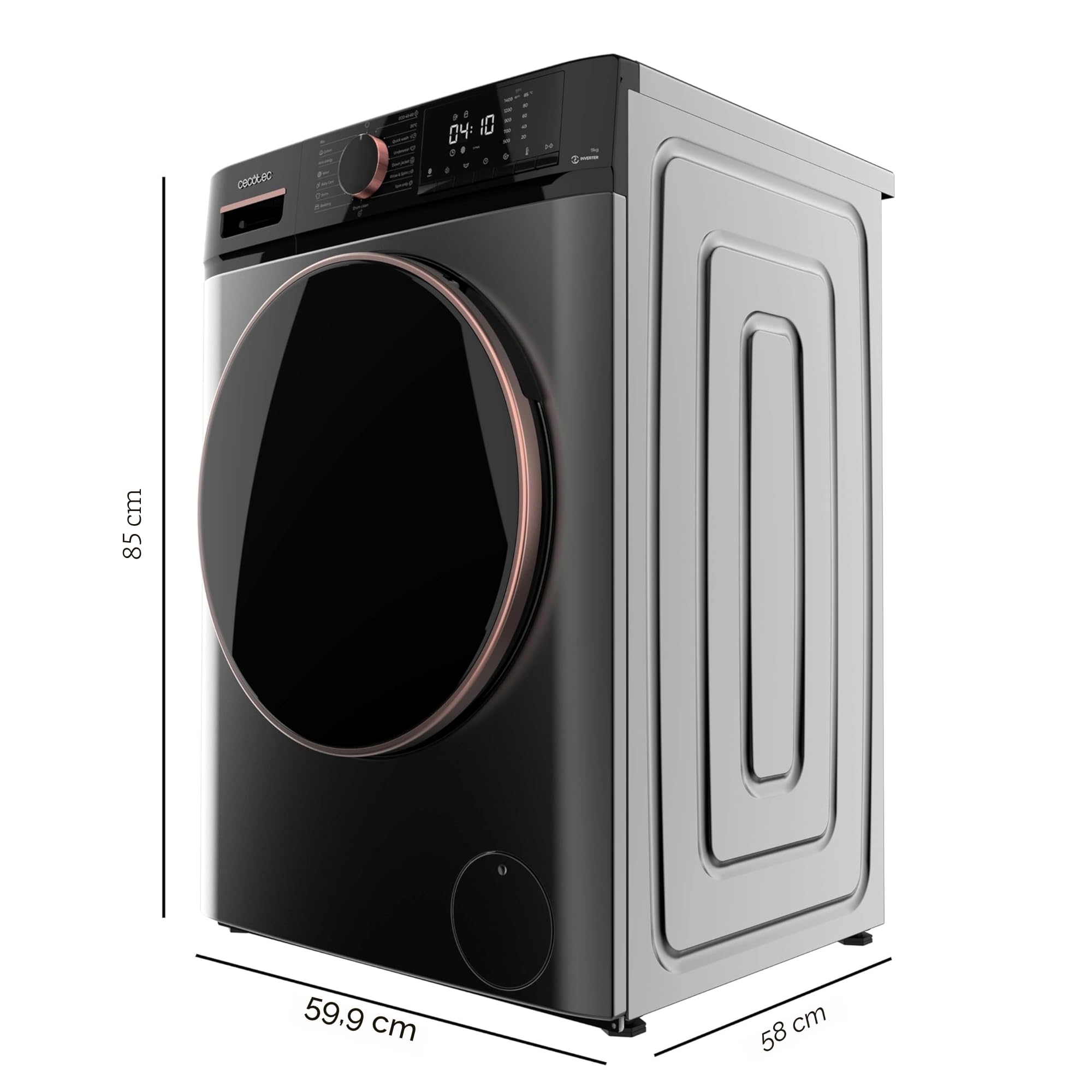 Cecotec Lavatrice Carica Frontale 9kg Bolero Dresscode 9610 Inverter Steel A. 2000W, 1400 Giri/Min, Motore Inverter Plus, 15 Programmi, Ottimizza Livello Acqua e Tempo Lavaggio, Display LED