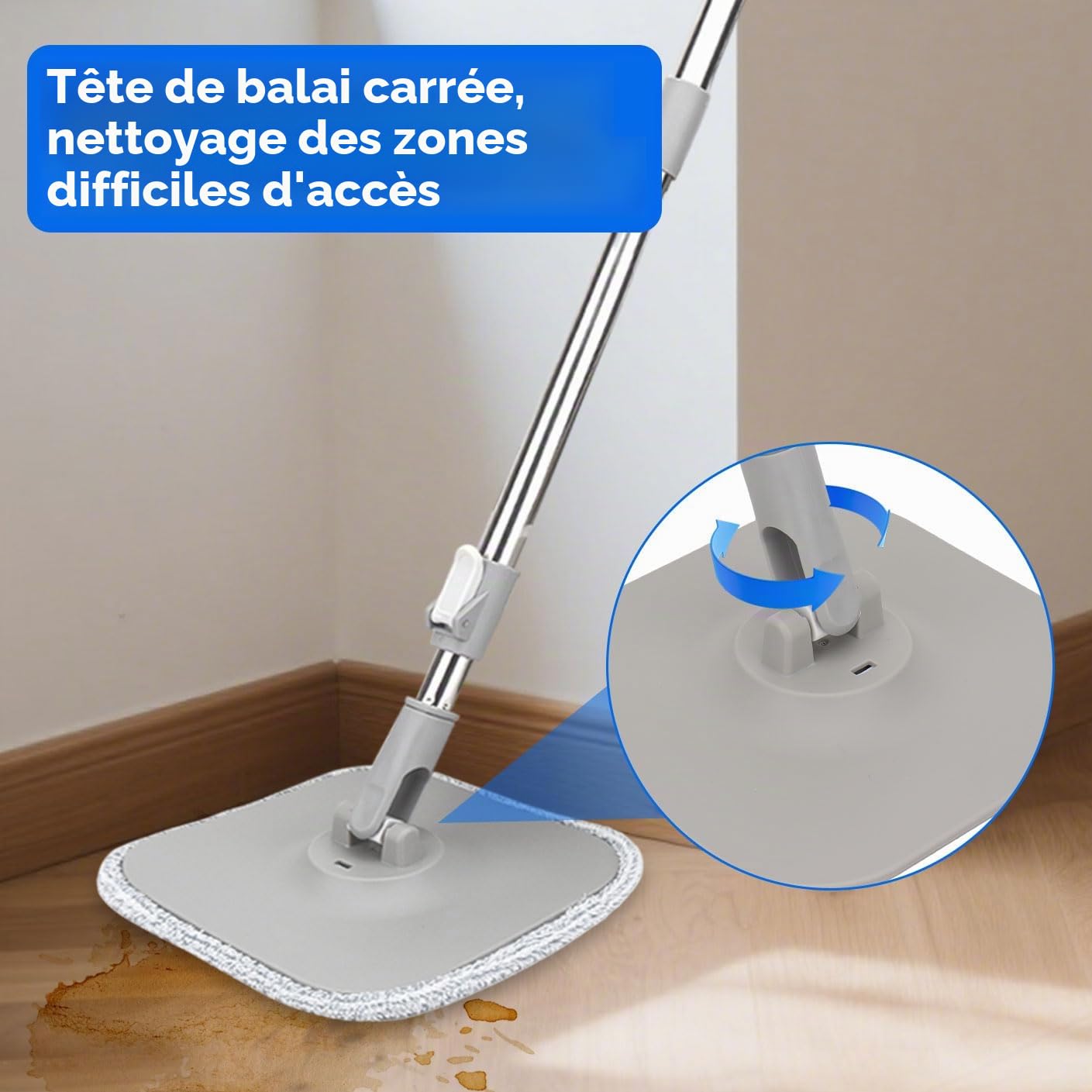 Sgizoku Balai serpillère avec seau pliable, serpillère rotative à 360° avec presse, lavage et séchage, avec 2 tapis de serpillère en microfibre réutilisables pour tous types de sols