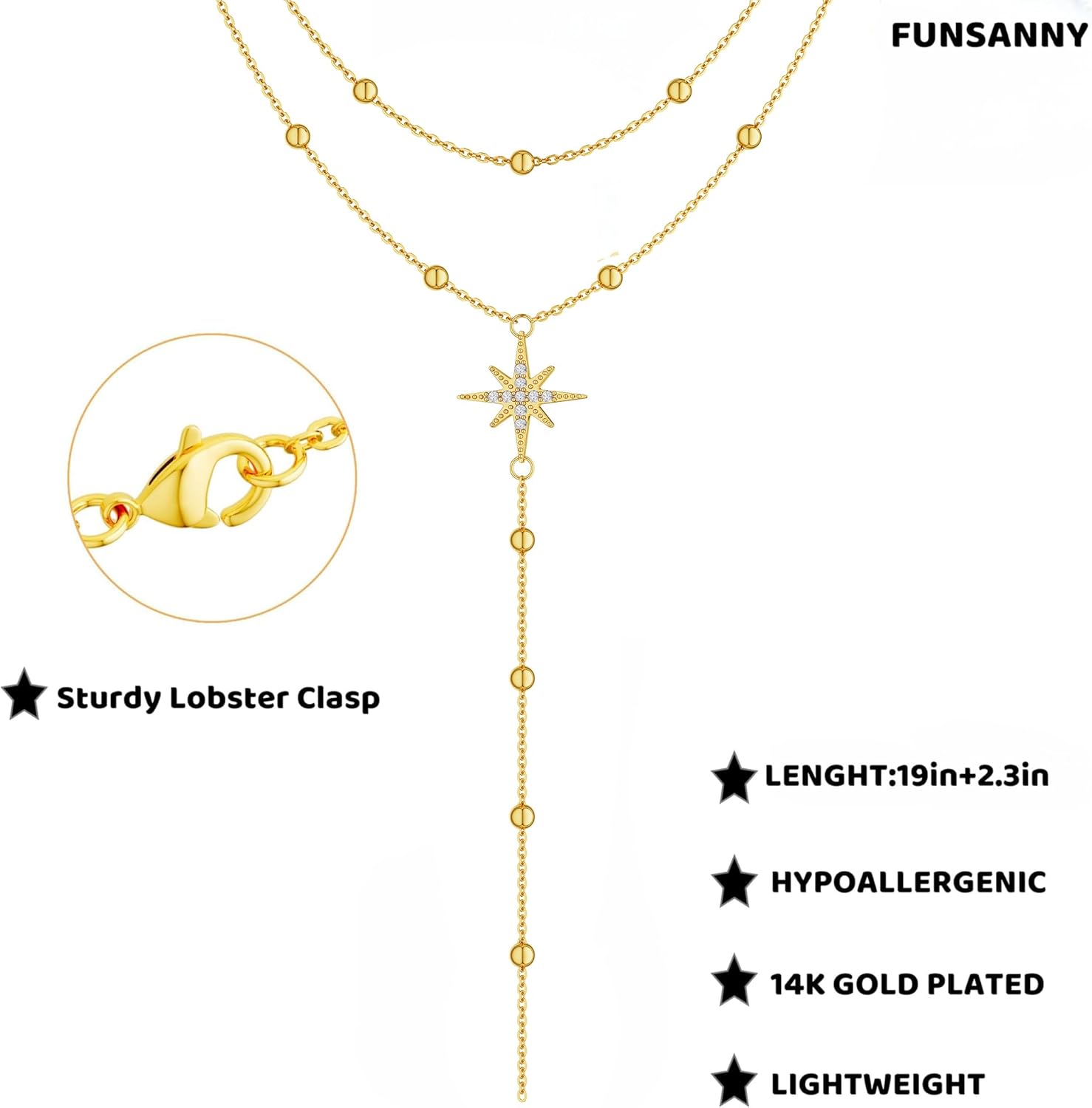 Lariat Necklaces for Women - Dainty Long Necklace Trendy 14K Gold Plated Hypoallergenic Layered Long Y-Shape Sunburst CZ T-Bar Pendant Drop Chain Necklace Set for Women Non Tarinsh Jewelry - Image 8