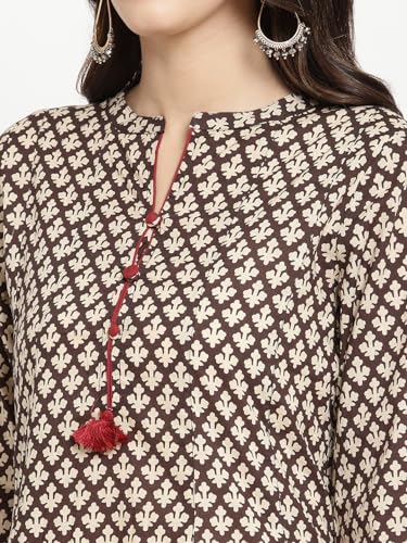Image of SAVI Beige and Black Cotton Printed Flared Kurta