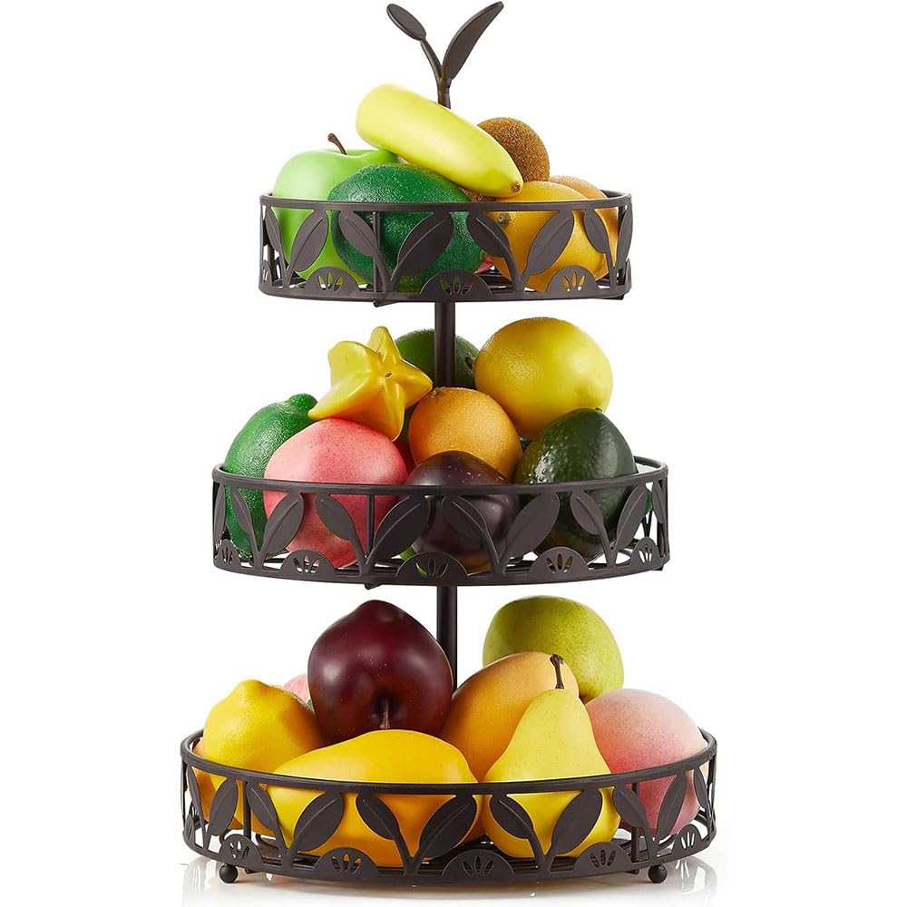 Cesta de frutas para encimera de cocina que duplica tu espacio con sus 3 niveles de metal