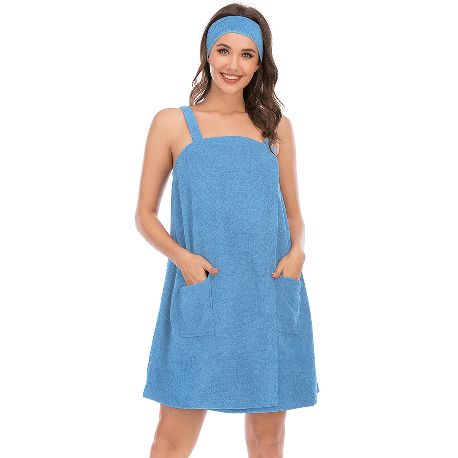 ANUFER Womens Adjustable Bath Towel Wraps with Headband for Gym Shower Spa & Beach Cover Ups Blue M