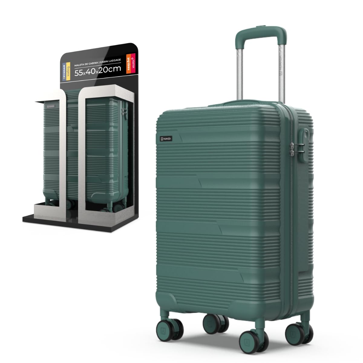 NUMADA - Maleta de Viaje Cabina 55x40x20cm (38,​4L) Upfly T10 XS Apta para Ryanair con Cierre de Combinación y 4 Ruedas. Maleta de Mano Rígida Resistente, Ligera con Interior Compartimentado | Verde