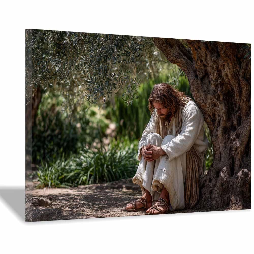 ZAMAEIU Jesus Canvas Wall Art Sinking under thes tree Christian Painting Print for Bedroom Living Room Bathroom Home Wall Decor Church Decor(green0)-30x50cm Framed