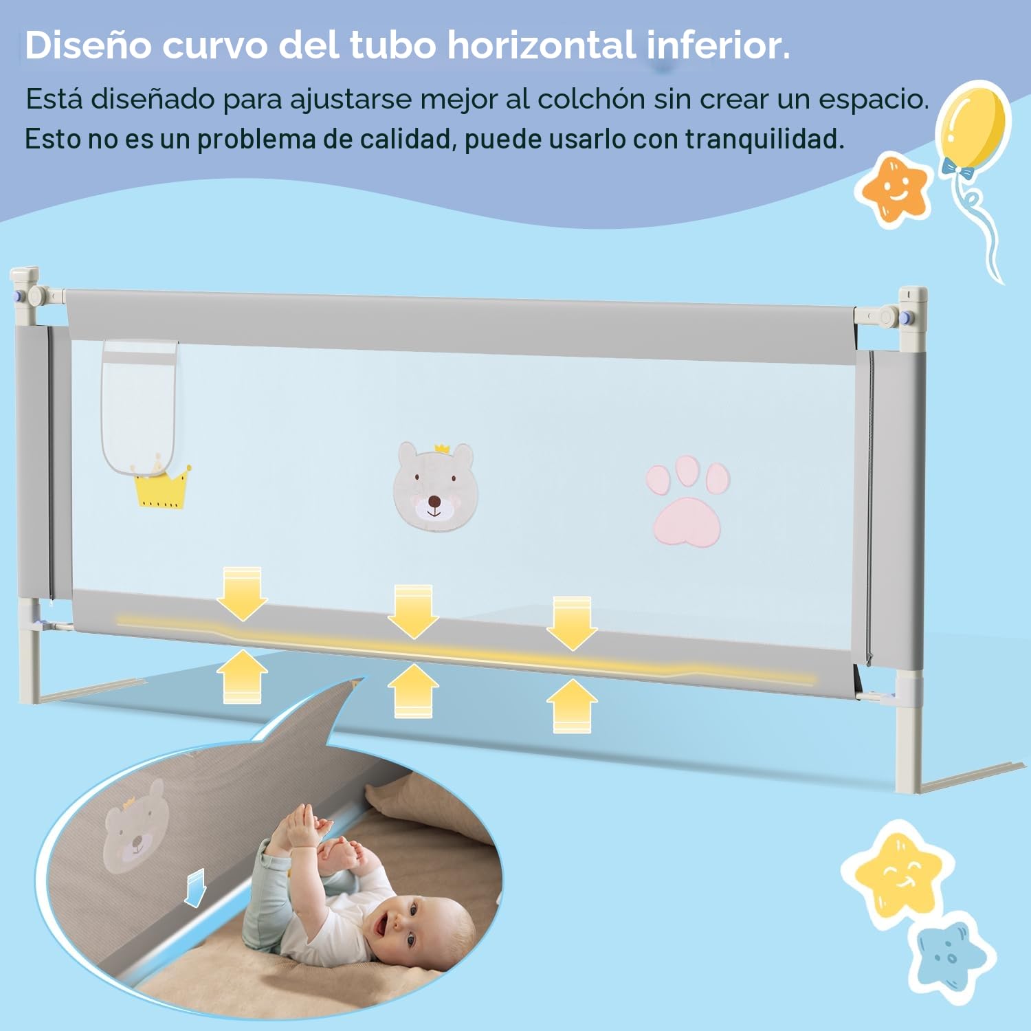 Ikodm Barrera de cama 2 x 200 cm y 1 x 180 cm, barrera de protección para la cama ajustable de 70 – 98 cm, protección contra caídas, barrera para cama infantil, barandilla para cuna de bebé, fácil de