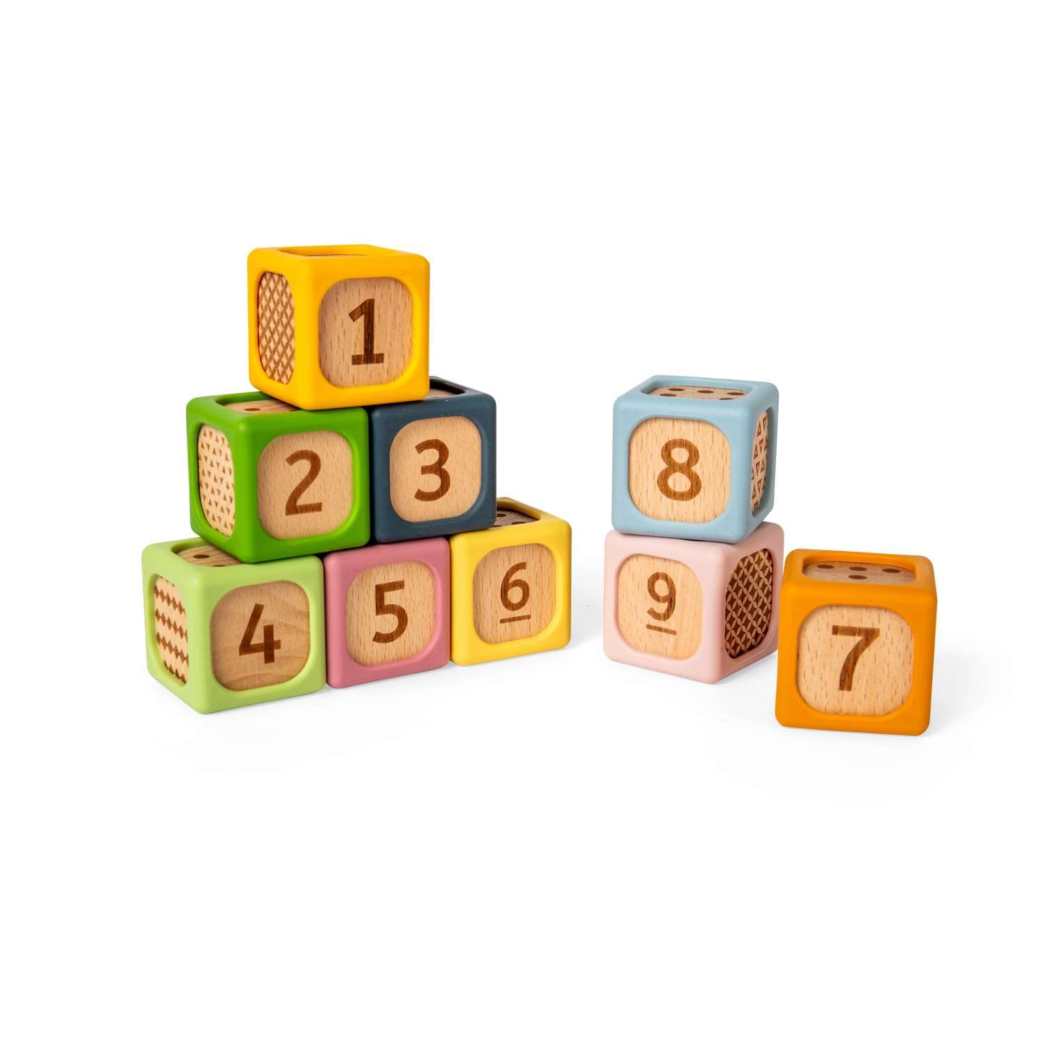 Bigjigs Toys Miękkie klocki do sortowania, zestaw silikonowych i drewnianych klocków dla niemowląt, kostki Montessori do układania w stos, miękkie zestawy kostek z numerami, zestaw zabawek dla dzieci