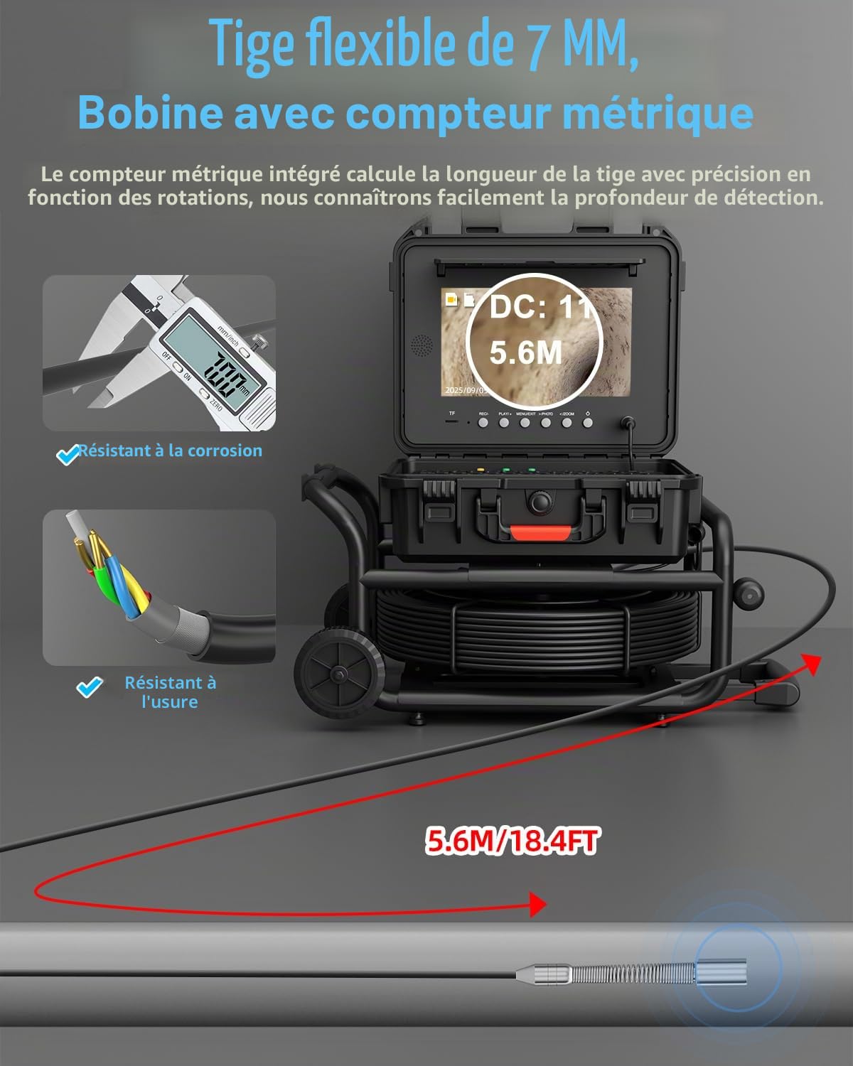 Caméra d'égout HD, Camera d'inspection Canalisation 50M, Camera d'inspection de Tuyau avec Compteur de Mètre, Autonivelant, Émetteur 512Hz et Clavier, Endoscope de Drainage avec Poignée Rétractable