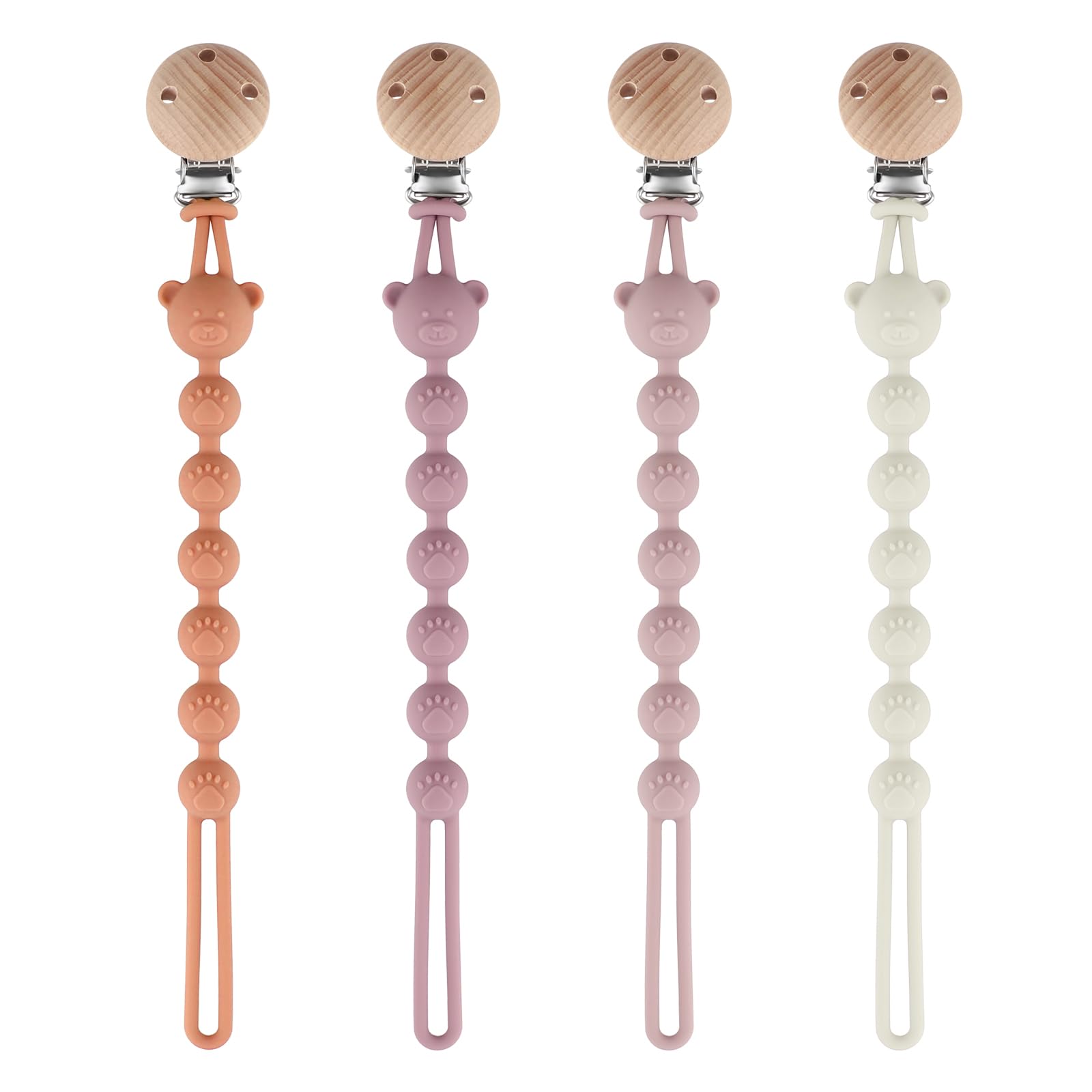 Set di 4 Clip per Ciuccio in Silicone, Clip per Ciuccio in Silicone, Attacco per Ciuccio Bebè, senza BPA, Catena per Allattamento Multifunzionale per Bambini e Bambine (Arancione + Viola +