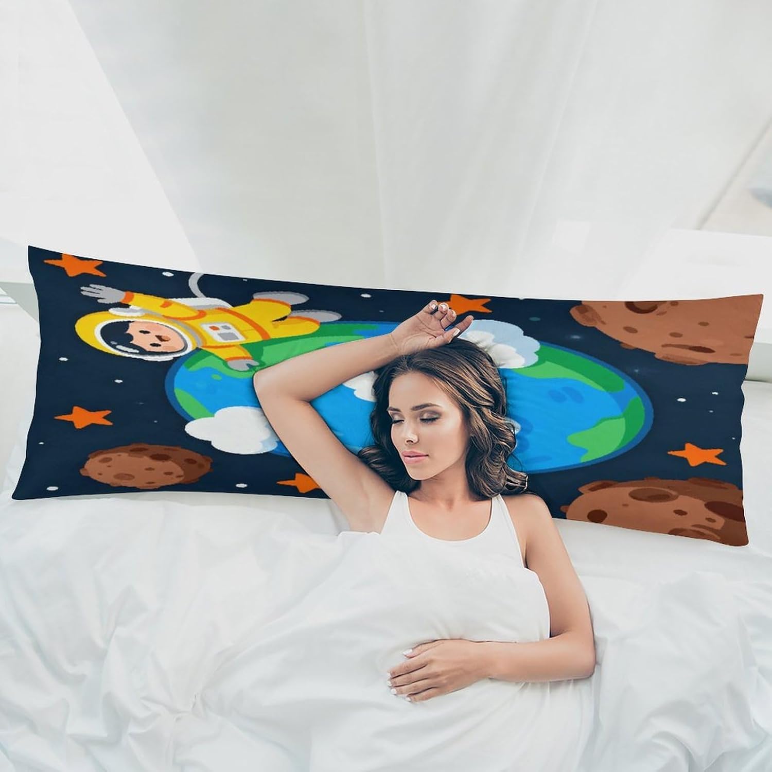 Cartoon Space Fun Pillow Case Soft Decorative Long Pillow Cover Body Pillowcase with Zipper Hidden Breathable Long Pillowcases for Bed Sofa Bench Living Room Cinema