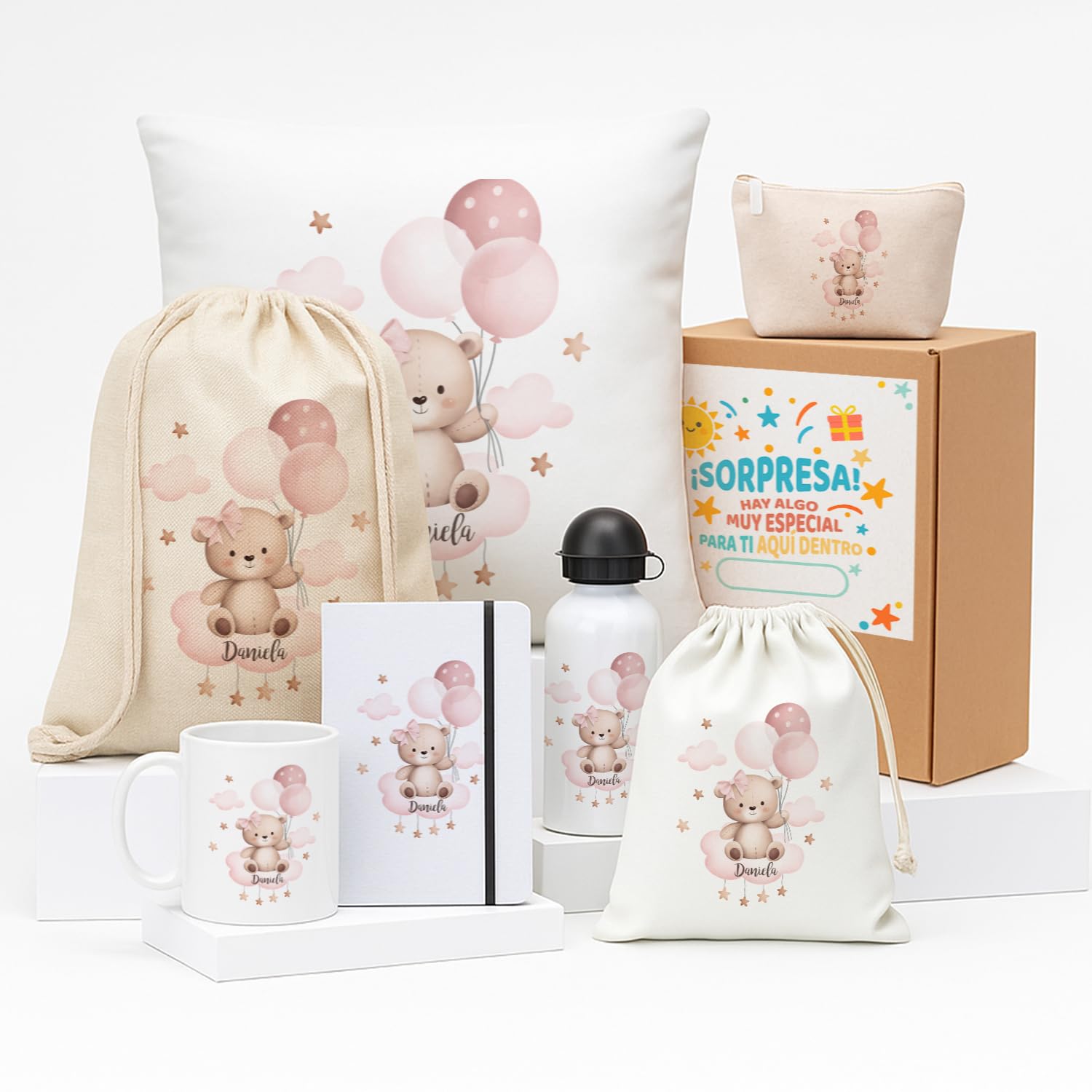 Kembilove Pack vuelta al cole personalizado con nombre niña/Osita con globos/Mochila + botella + taza + libreta + neceser/Regalo escolar guardería infantil/Set Colegio o Escuela