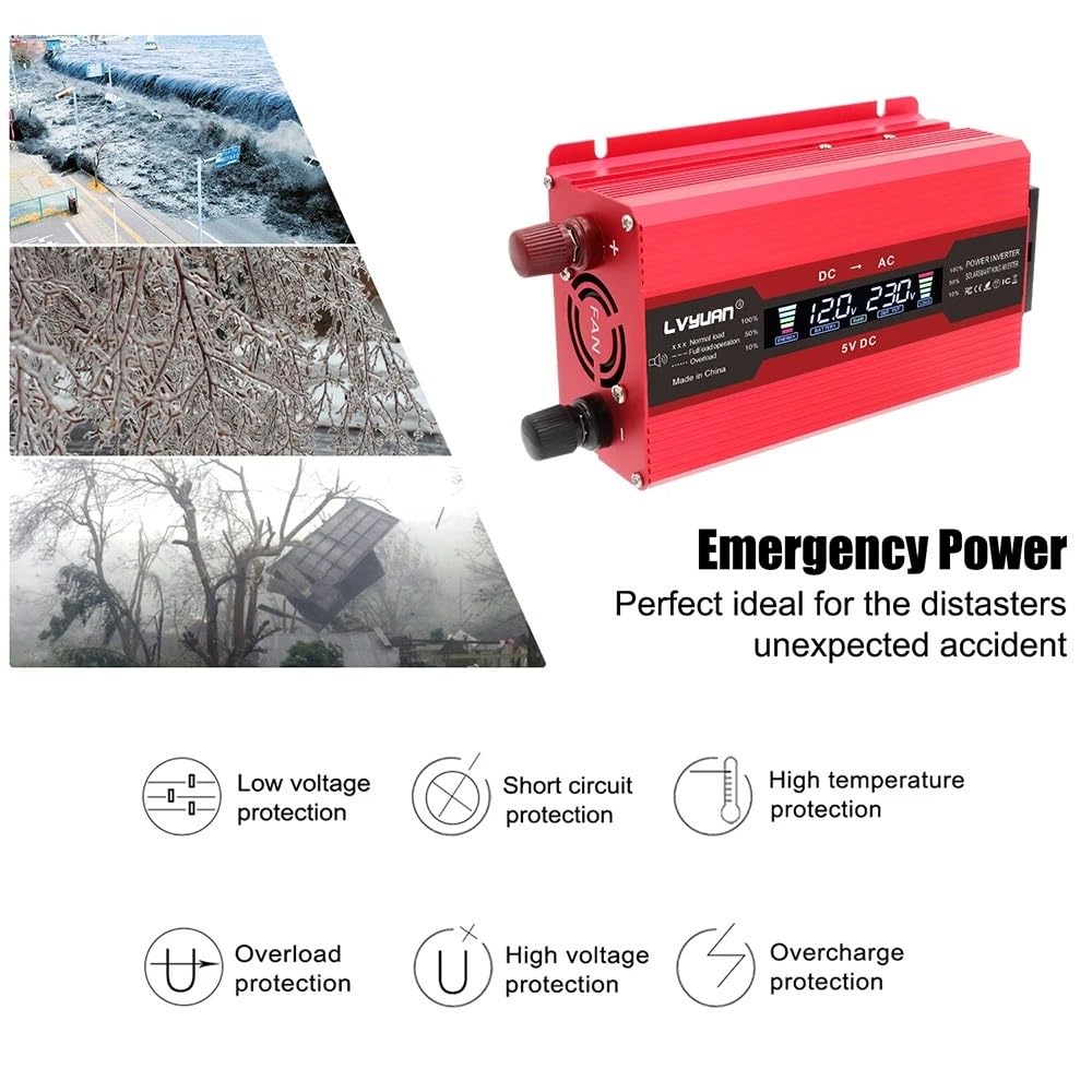 Inversor Corriente Inversor Potencia 1500 W/2000 W/2600 W con Pantalla LED Potencia Máxima para Coche CC 12 V CA 220 V Convertidor(2600W LED)