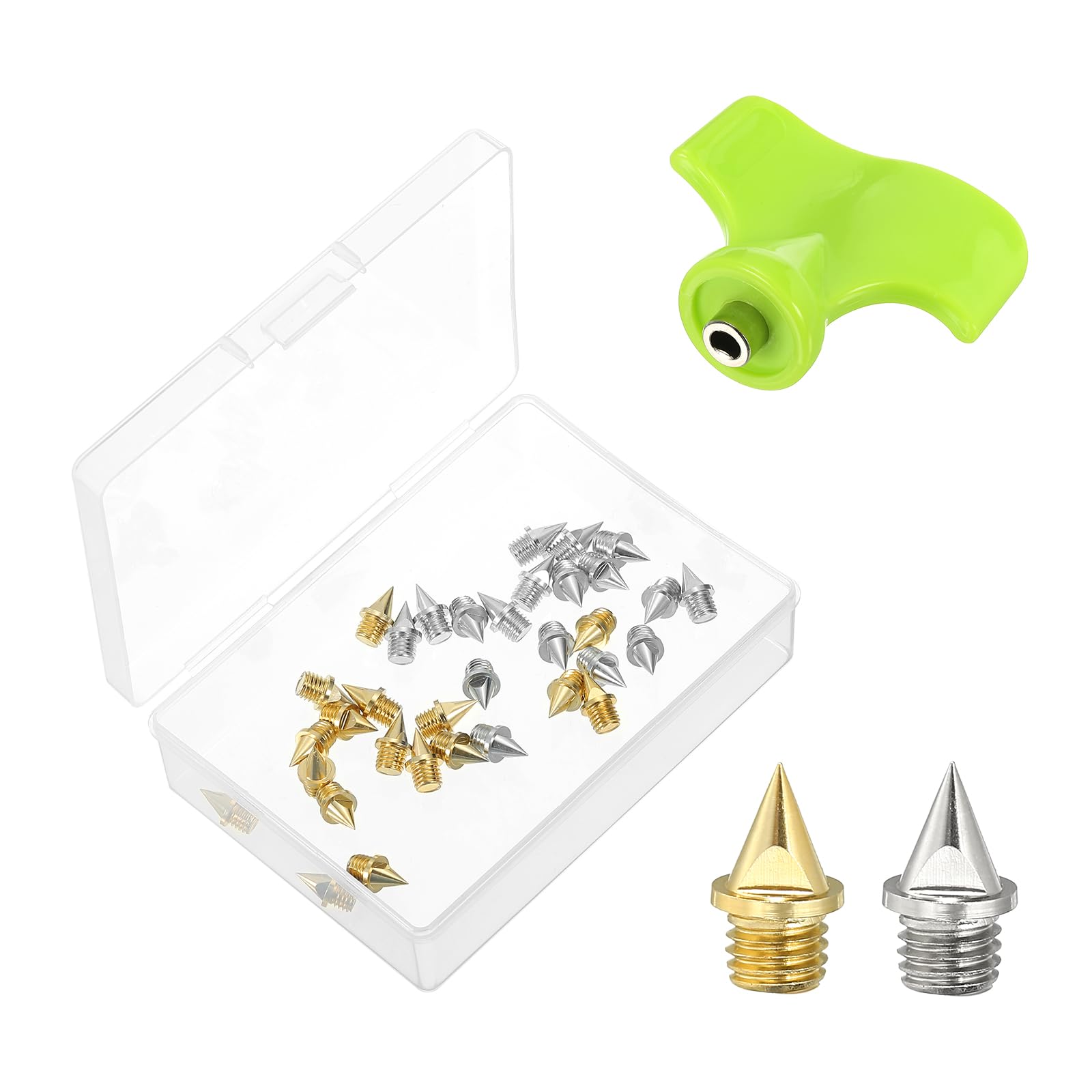 PATIKIL 1/4 Inch Carbon Steel Track Spikes, 32 Pack Sports Shoes Spikes Replacement Accessories with Spike Wrench for Long Jumping Running, Gold Silver
