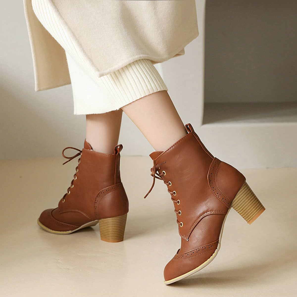 Betastella Women's Lace Up Booties Chunky Heel Ankle Boots Side Zip Short Boots Dress Shoes - Image 6