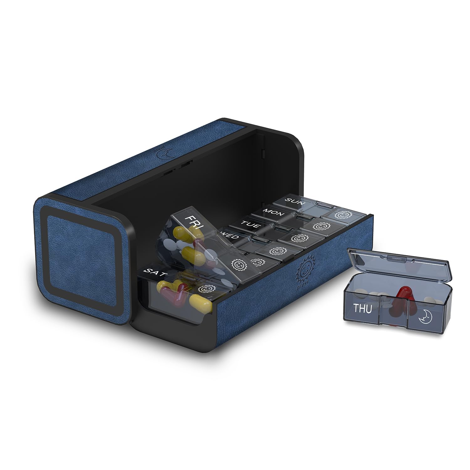 Pilulier 2 fois par jour, Am Pm Twice Daily - Grande boîte à pilules de voyage amovible 7 jours - Pilulier hebdomadaire pour supplément de vitamines, médicaments, huile de poisson (bleu)