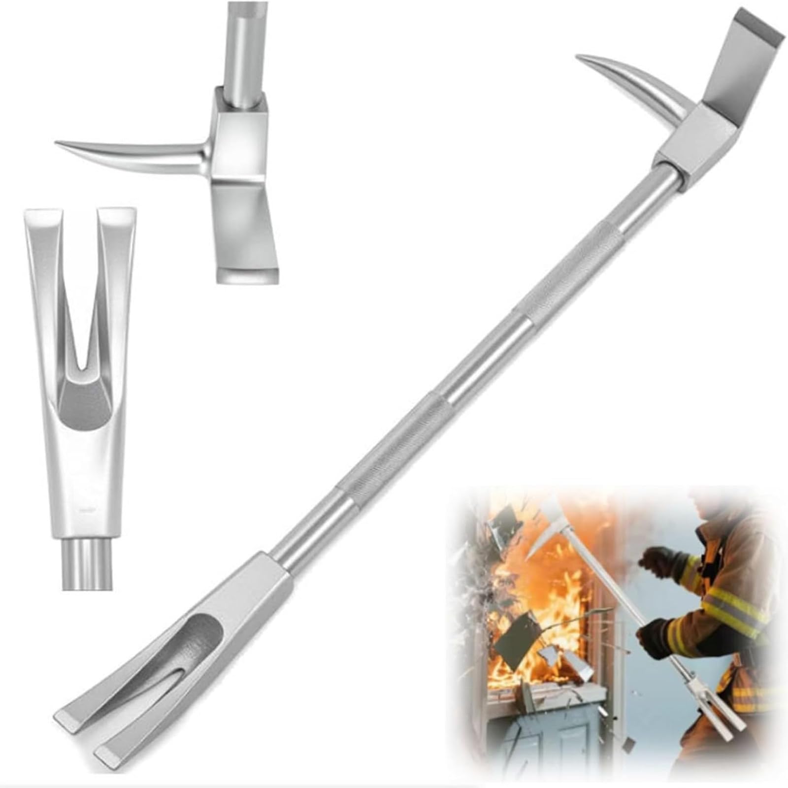 XNZJHPP 24in Emergency Rescue Tool - Firefighter Crowbar with Axe Heads & Spike Fork, Forged Steel, Anti-Slip Handle, Multi-Functional Demolition & Breaching Tool (24in)