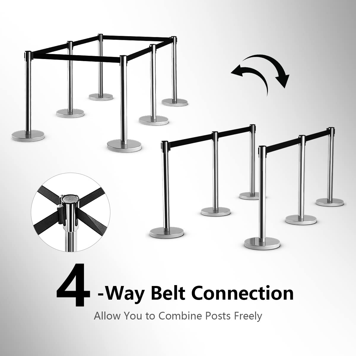 GIANTEX 6 soportes de barrera para personas con sistema de guía personal, postes de barrera de metal y acero inoxidable, con cinta de barrera de 2 m, postes de delimitación para aeropuerto, exposición