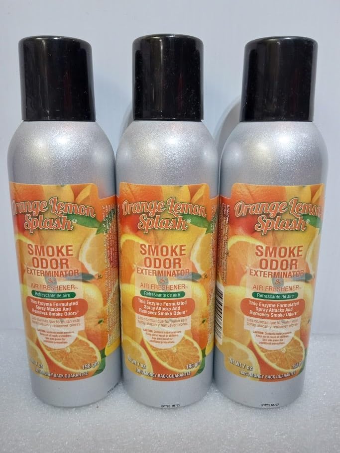 Smoke Odor Exterminator 198 gm/ 7 oz Large Spray Orange Lemon Splash Set of Three Cans.
